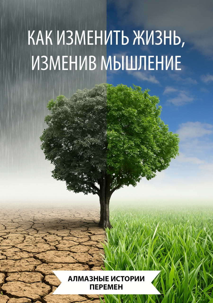 Обложка книги «Как изменить жизнь, изменив мышление. Алмазные истории перемен»: дерево, наполовину в засухе под дождём, наполовину зелёное под голубым небом